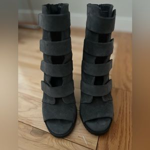 DKNY Gray Suede Blake Open Toe Booties